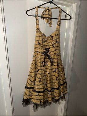 Hot Topic Yellow Musical-Print Halter Dress with Black Lace-Up